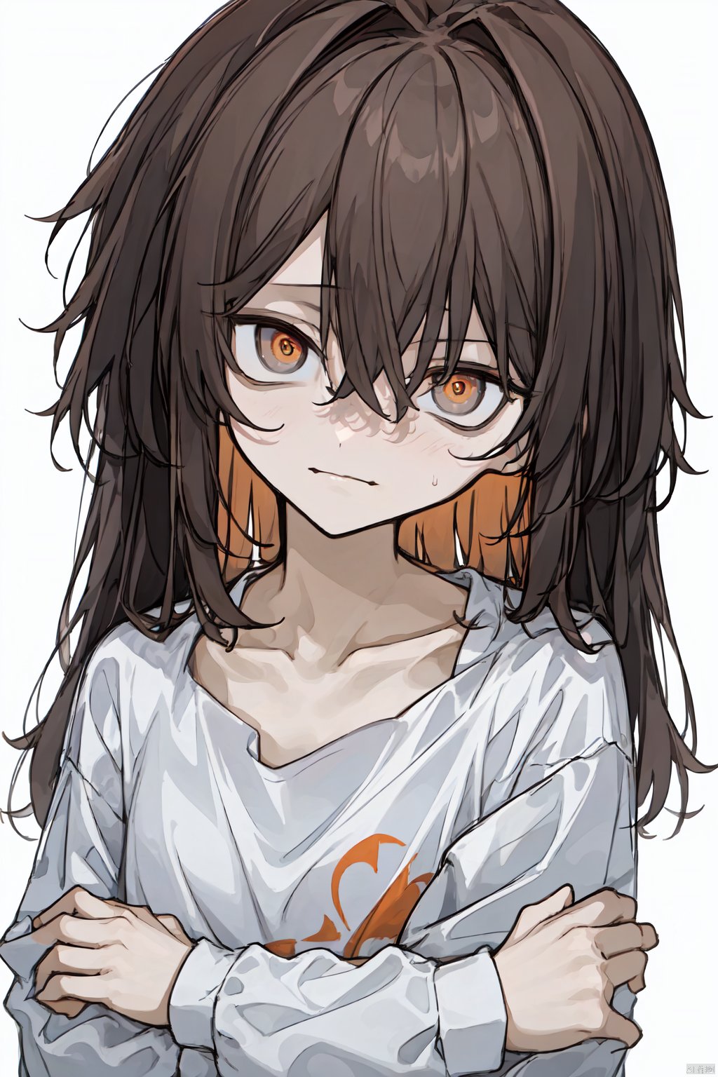 1girl, solo, long hair, looking at viewer, simple background, brown hair, shirt, long sleeves, white background, hair between eyes, closed mouth, collarbone, white shirt, upper body, orange eyes, head tilt