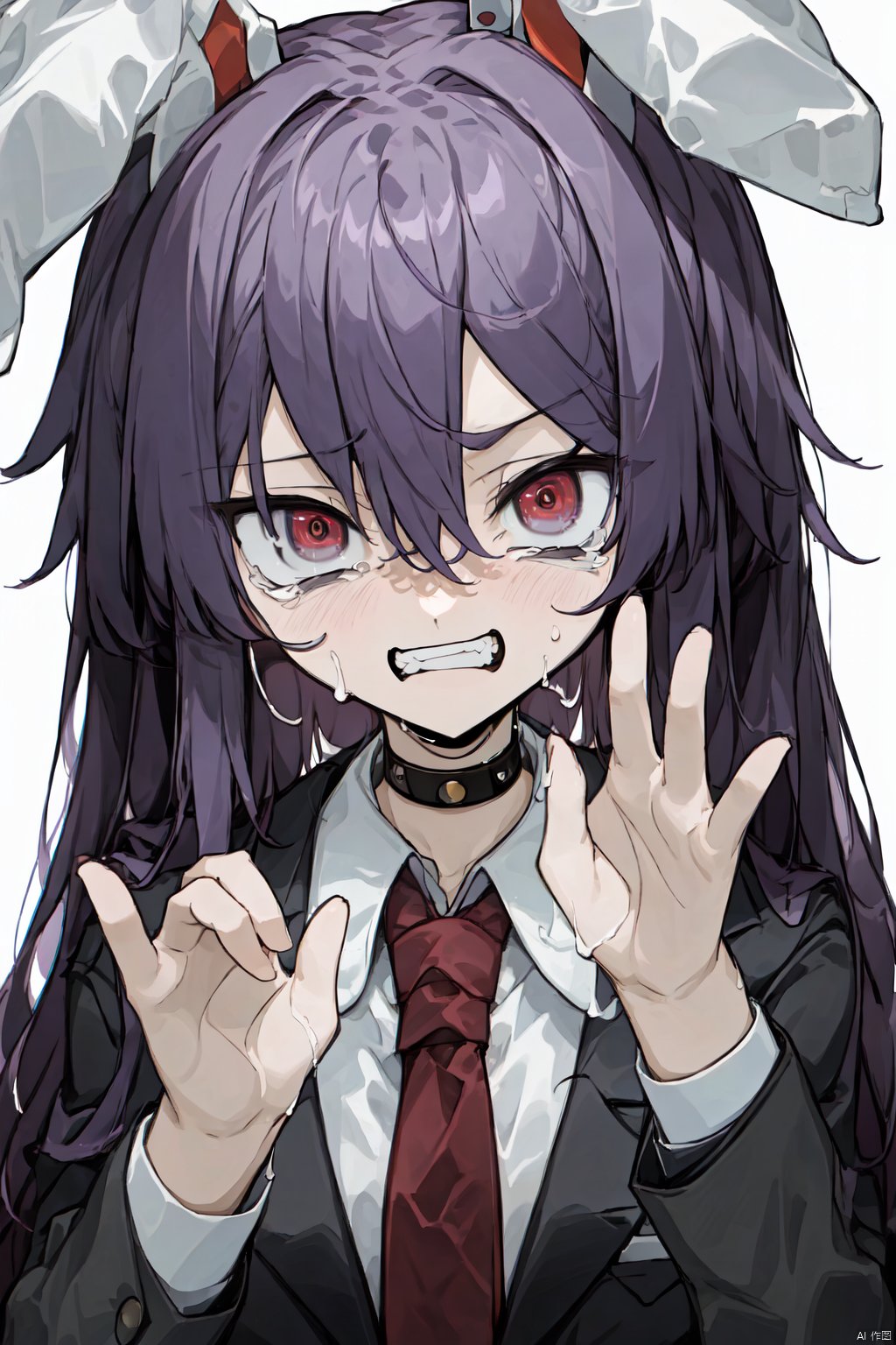 1girl, solo, long hair, looking at viewer, blush, bangs, shirt, red eyes, long sleeves, white background, animal ears, hair between eyes, jacket, white shirt, upper body, purple hair, necktie, teeth, choker, collared shirt, tears, rabbit ears, collar, black jacket, hands up, black choker, blazer, red necktie, clenched teeth, @ @, ringed eyes, reisen udongein inaba