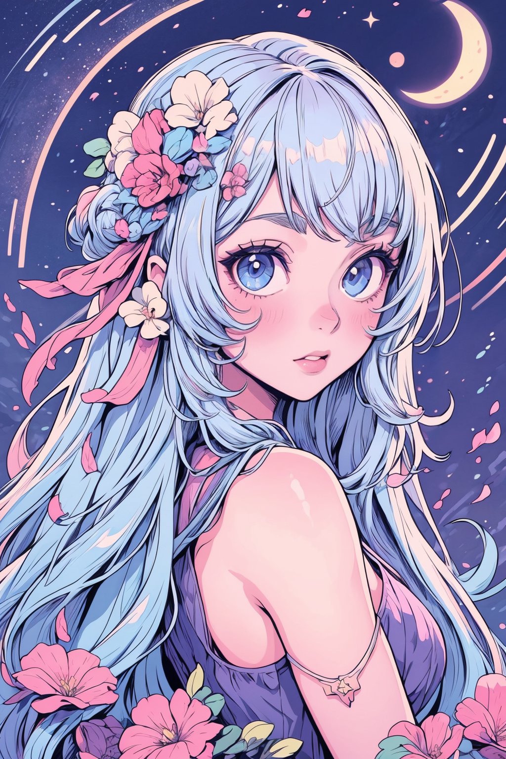 {{best quality}}, {{masterpiece}}, {{ultra-detailed}}, {illustration}, {detailed light}, {an extremely delicate and beautiful}, a girl, {beautiful detailed eyes}, stars in the eyes, messy floating hair, colored inner hair, Starry sky adorns hair, depth of field