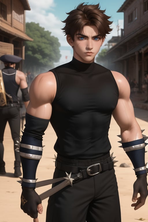 Gau Ban is a handsome young man, 16 years old, with abundant  spiky tea-brown hair, and navy blue eyes. Athletic build with defined muscles. He is a warrior, a lone warrior in a chaotic world. He wears a black Sleeveless shirt. black Arm Skin Protector Sleeves, black gloves,  baggy black pants. Interactive image, detailed image. sciamano240, 1boy, Gau Ban