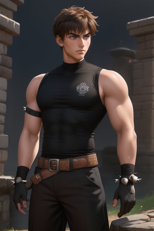 Gau Ban is a handsome young man, 16 years old, with abundant  spiky tea-brown hair, and navy blue eyes. Athletic build with defined muscles. He is a warrior, a lone warrior in a chaotic world. He wears a black Sleeveless shirt. black Arm Skin Protector Sleeves, black gloves,  baggy black pants. Interactive image, detailed image. sciamano240, 1boy, Gau Ban