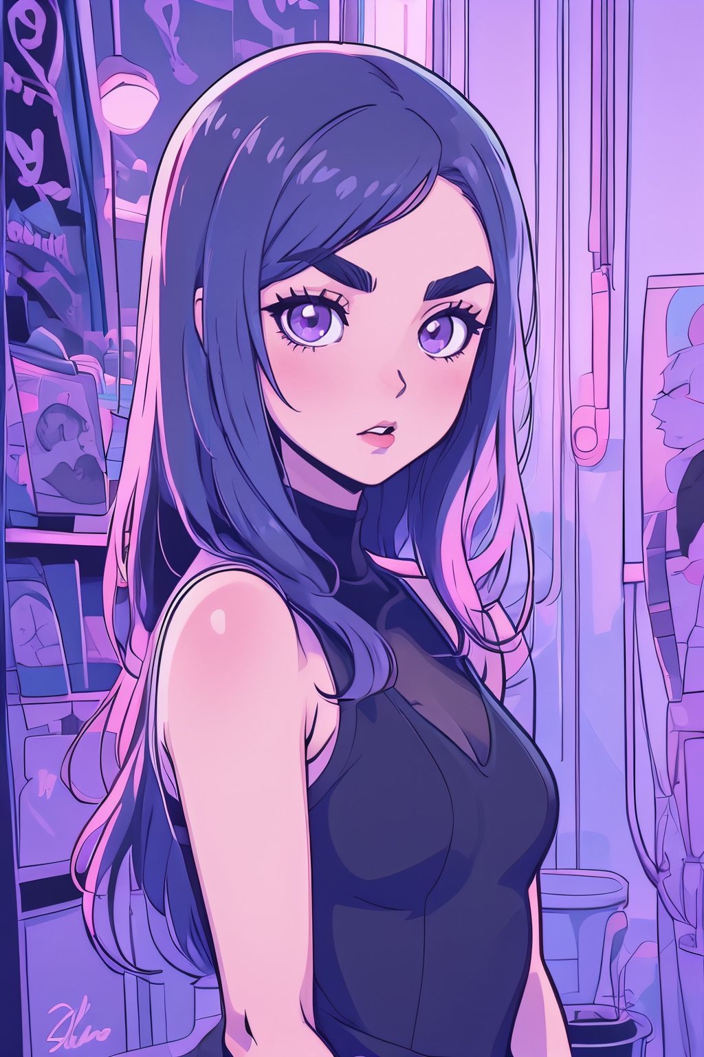 (((masterpiece))) anime style, cartoon, comic, anime comic, medium dark colors, soft tones, lighting details, generates an image of a 20-year-old a single gothic girl, black painted lips, pastel purple eyes, long black hair dark pastel purple background, the girls hair reaches her eyebrows, defined eyebrows