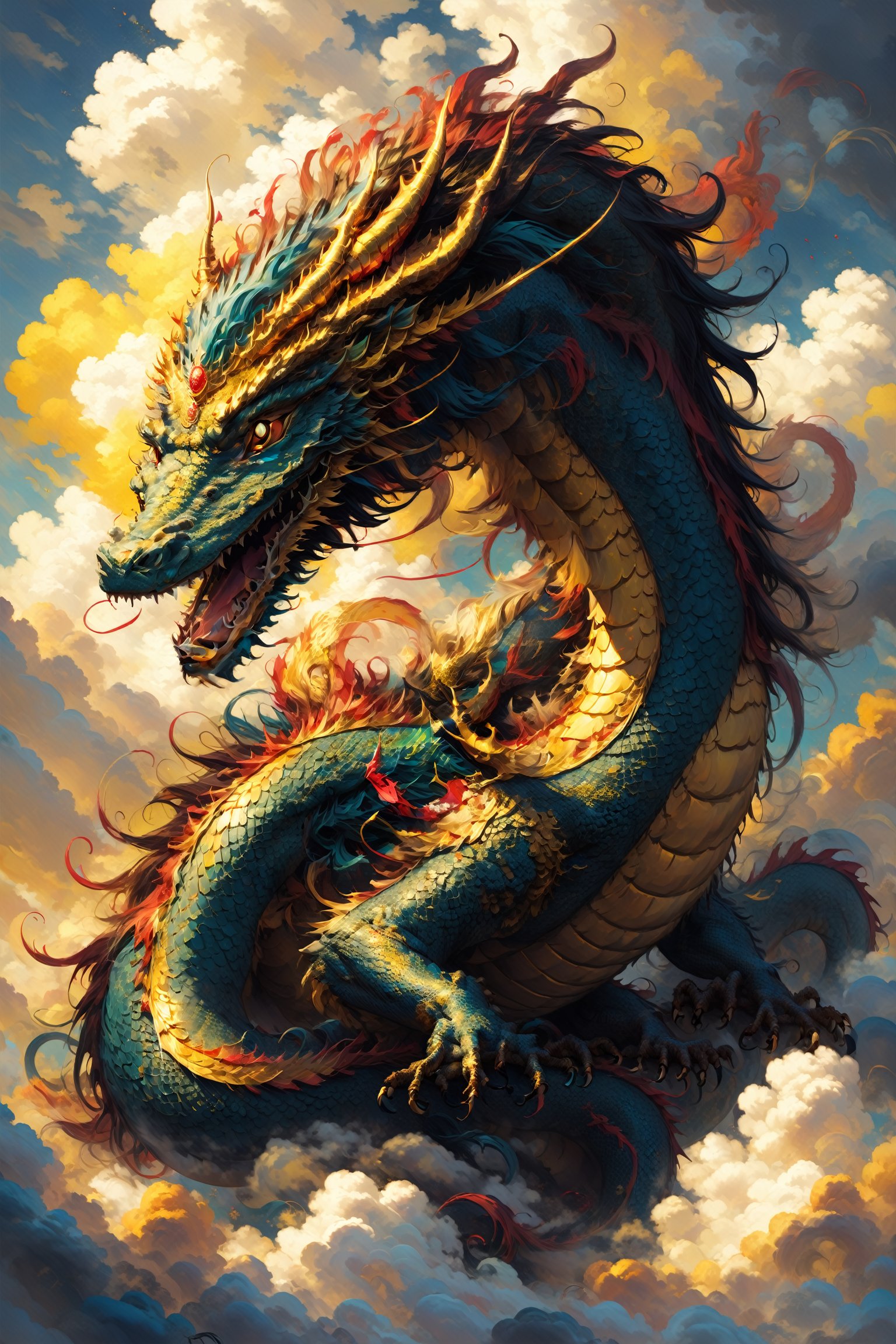 oil painting style, solo, golden skin dragon, flying in the clouds, no humans, cloudy background, More Detail,paintdragon,more detail XL