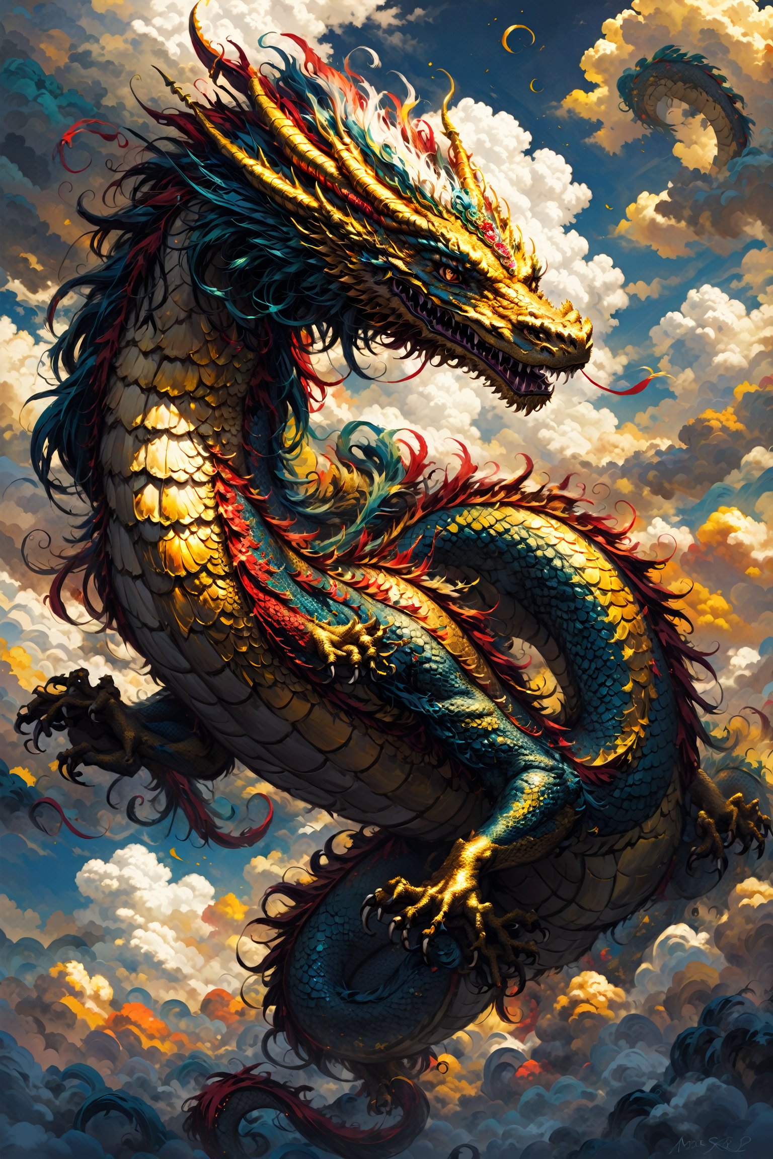 oil painting style, solo, golden skin dragon, flying in the clouds, no humans, cloudy background, More Detail,paintdragon,more detail XL