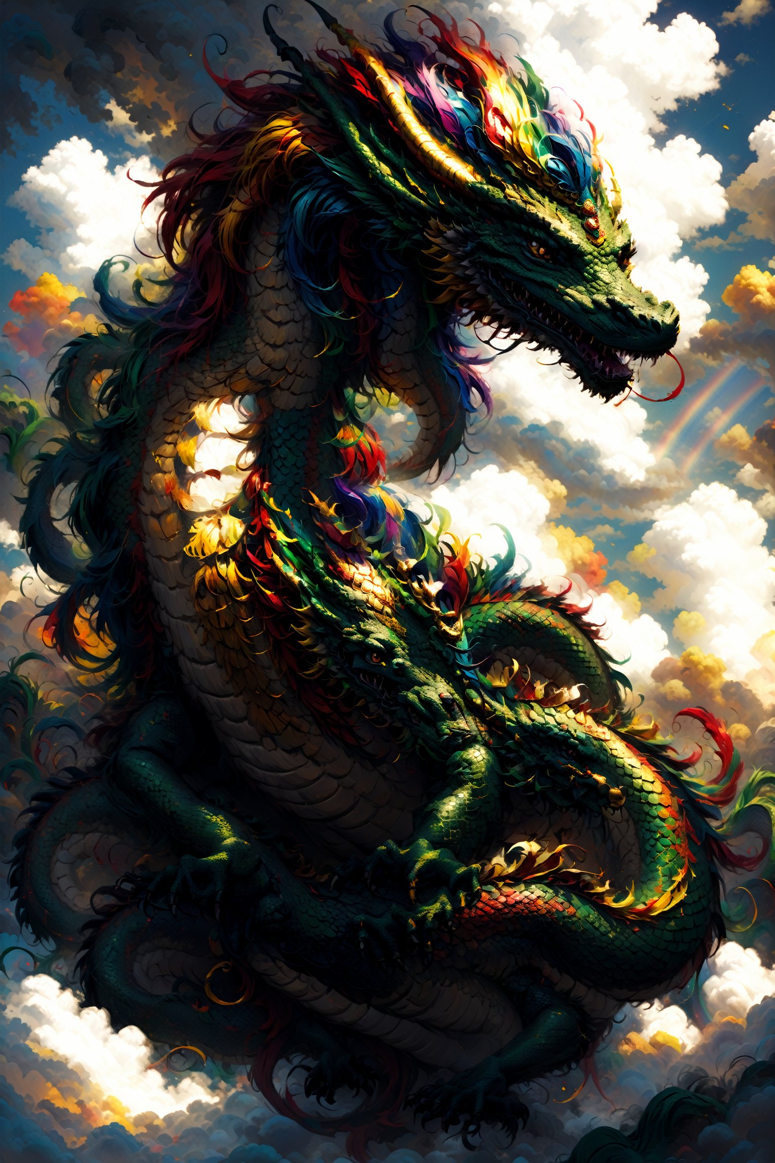 oil painting style, rainbow hair, solo, golden and dark green skin dragon, flying in the clouds, no humans, cloudy background, More Detail,paintdragon,more detail XL