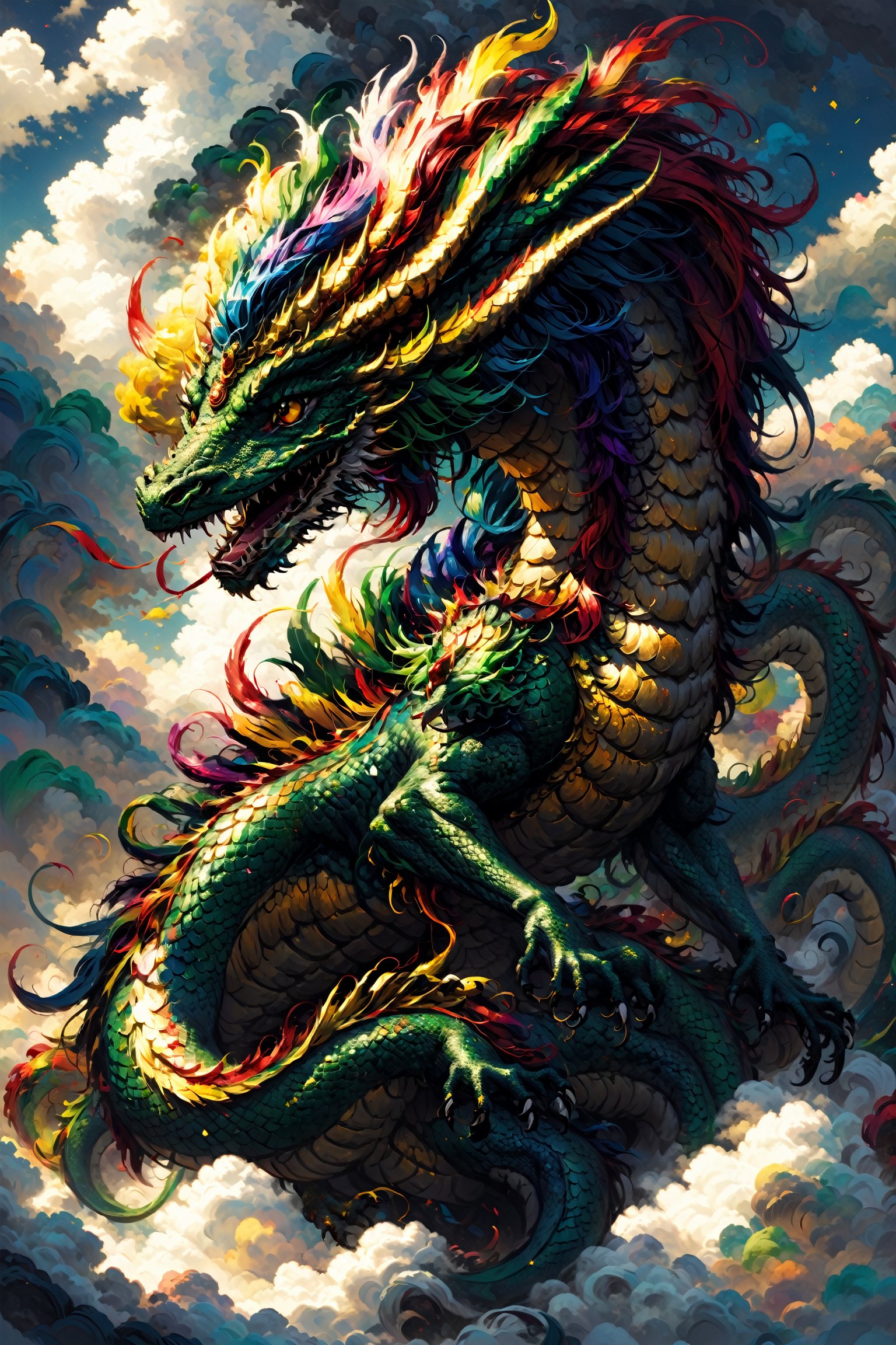 oil painting style, rainbow hair, solo, golden and dark green skin dragon, flying in the clouds, no humans, cloudy background, More Detail,paintdragon,more detail XL