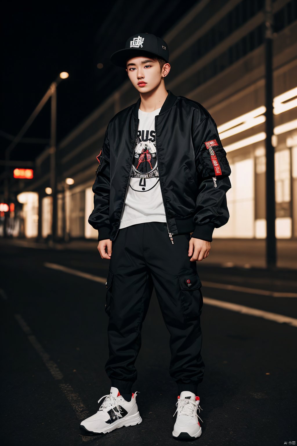 photographic of man,  25 years old, streetwear,  graphic tees,  cargo pants,  bomber jackets,  high-top sneakers,  snapback hats,  bold patterns. Beautiful dynamic dramatic dark moody lighting,  volumetric,  shadows,  BREAK,  35mm photograph,  grainy,  professional,  8k,  highly detailed,  Hasselbald 50mm lens f/1.9, [by ethan for CGArt Mayfly model],<lora:EMS-276654-EMS:0.800000>