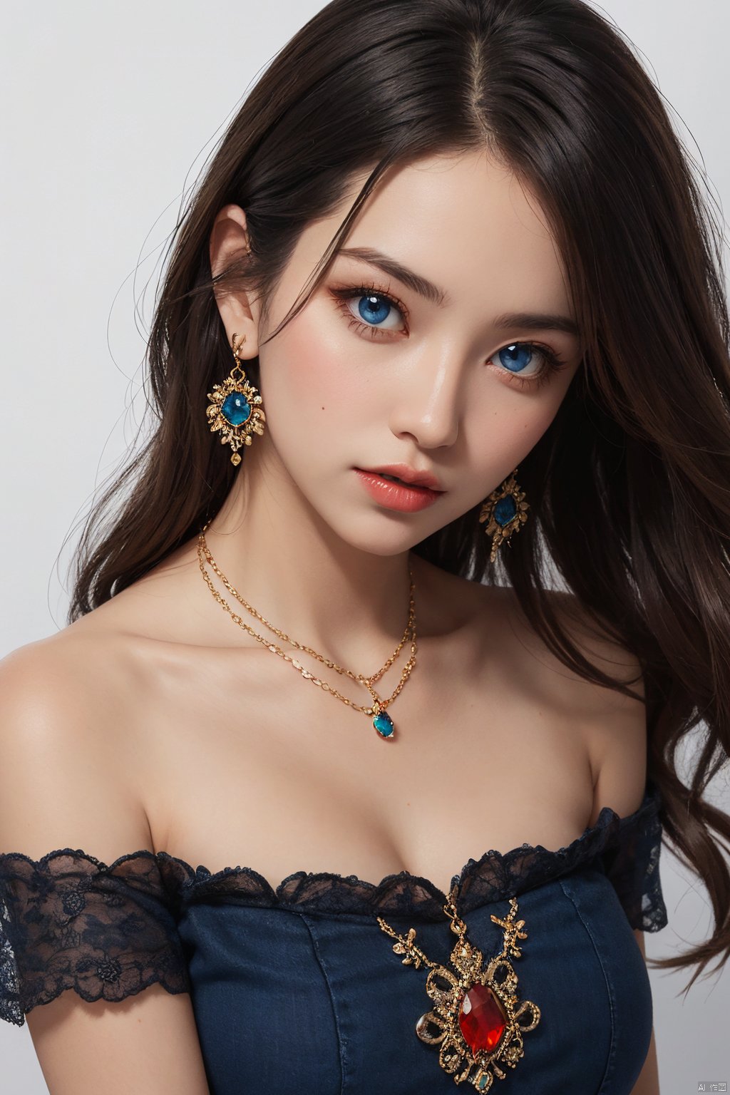 High quality,  masterpiece,  1 girl,  blue eyes,  blue,  orange,  red,  Blue gemstone earrings,  blue gemstone necklace,  Breast crevices,  off shoulder,  white background