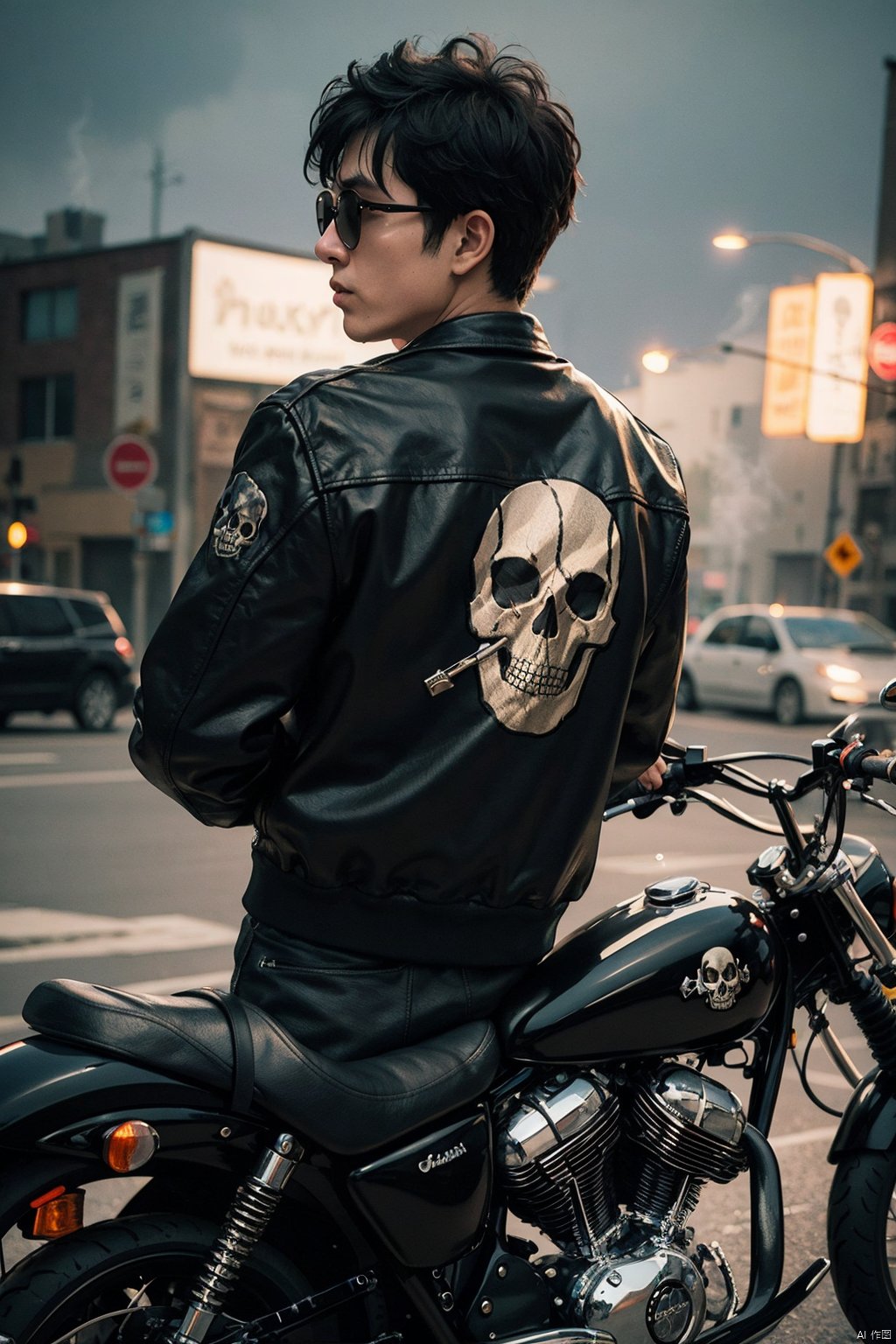 (((masterpiece))),  ((best quality)), epic composition, (back:1.3), medium shot, man back, wear sunglasses, (leaning on a motorcycle:1.2),  wearing a black jacket, (skull patterned clothes:1.3),  (smoke:1.1), punk city night scene, Oouguancong, look back