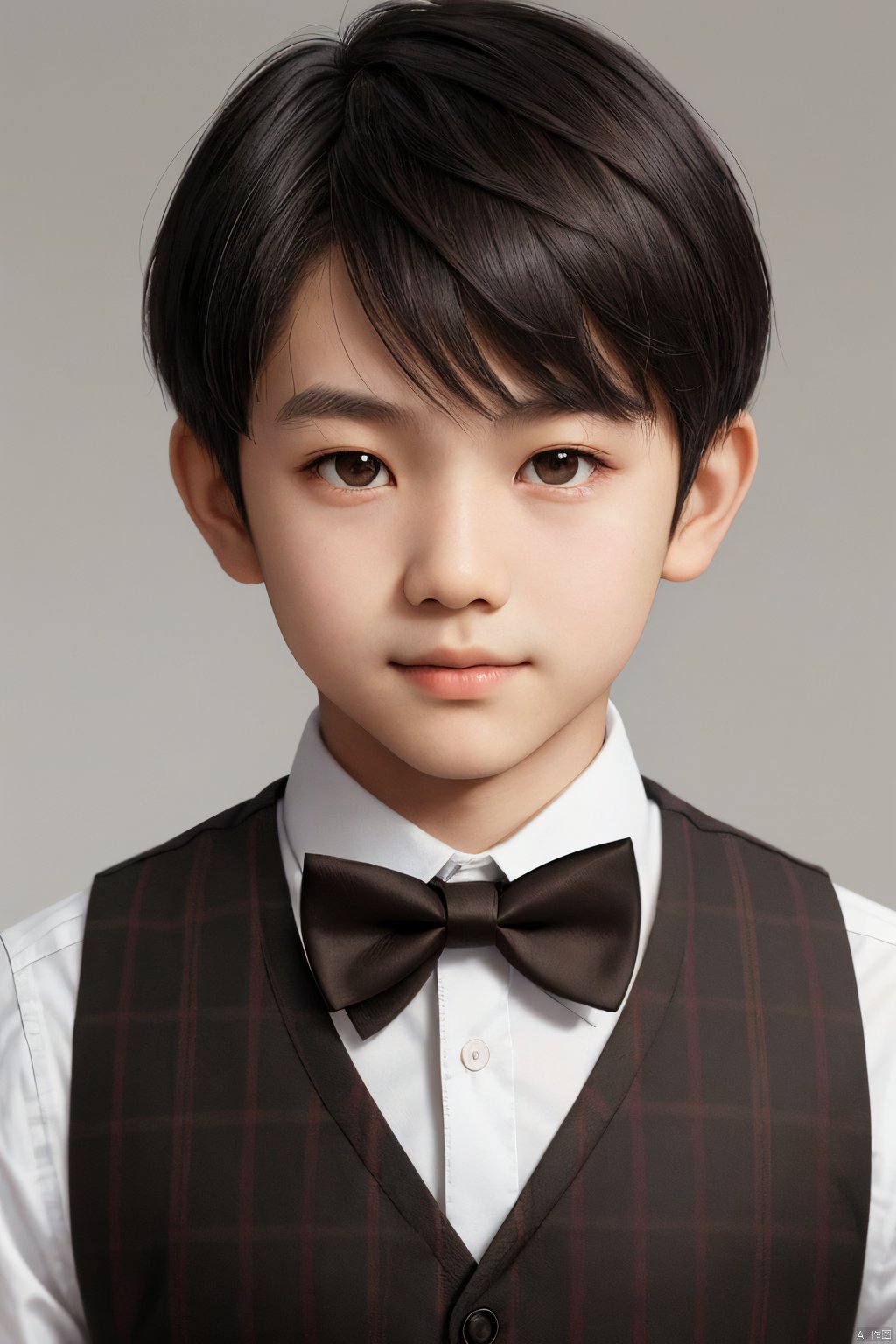 Young boy,  close-up portrait,  Asian ethnicity,  direct gaze,  neutral expression,  black hair,  short hairstyle,  brown eyes,  checkered waistcoat,  white shirt,  brown bow tie,  well-groomed,  studio shot,  high-resolution,  clear complexion,  slight smile,  daylight balanced lighting,  plain white background.,<lora:EMS-276654-EMS:0.800000>