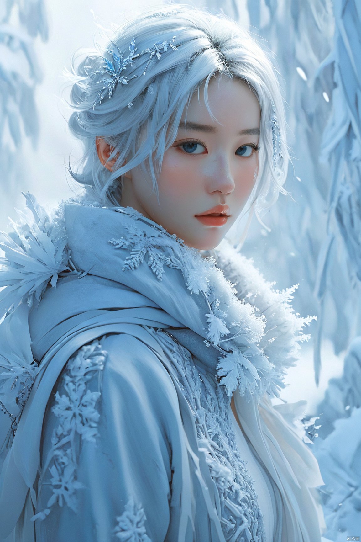  Illustrate a girl with the power of ice, featuring ice-white hair and clothing, set in a snowy landscape. Emphasize (((intricate details))), (((highest quality))), (((extreme detail quality))), and a (((captivating winter composition))). Use a palette of cool blues and whites, drawing inspiration from artists like Artgerm, Sakimichan, and Stanley Lau,midjourney,