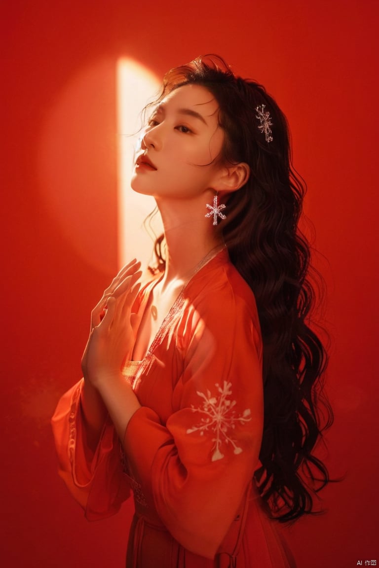  A young model in Chinese dress poses with her arms leisurely, in front of divine light with silhouette light illuminating the edges of the long curly hair, snowflake, solid color red background, Excellent skin texture, gaze deeply, cheerful atmosphere, in the style of eye-catching resin jewelry, Beauty product advertising, photo studio, matte photo, minimalist beauty, meticulous linework precision, feminine beauty,