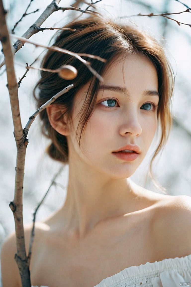  cinematic photo Photography style, master masterpiece, super detail, 1 young girl, model, delicate face, off shoulder, withered branches around, perfect body, white background, analog film, HD, 8k . 35mm photograph, film, bokeh, professional, 4k, highly detailed