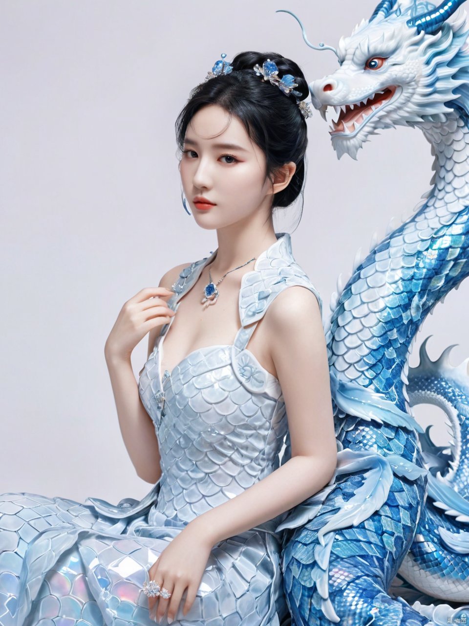  Transparent blue and white porcelain PVC skin, transparent blue and white porcelain colored skin scales, prisms, holography, color difference, fashion illustrations, masterpieces, Chinese dragon and Harajuku fashion, looking at the audience, 8k, super detailed, pixiv