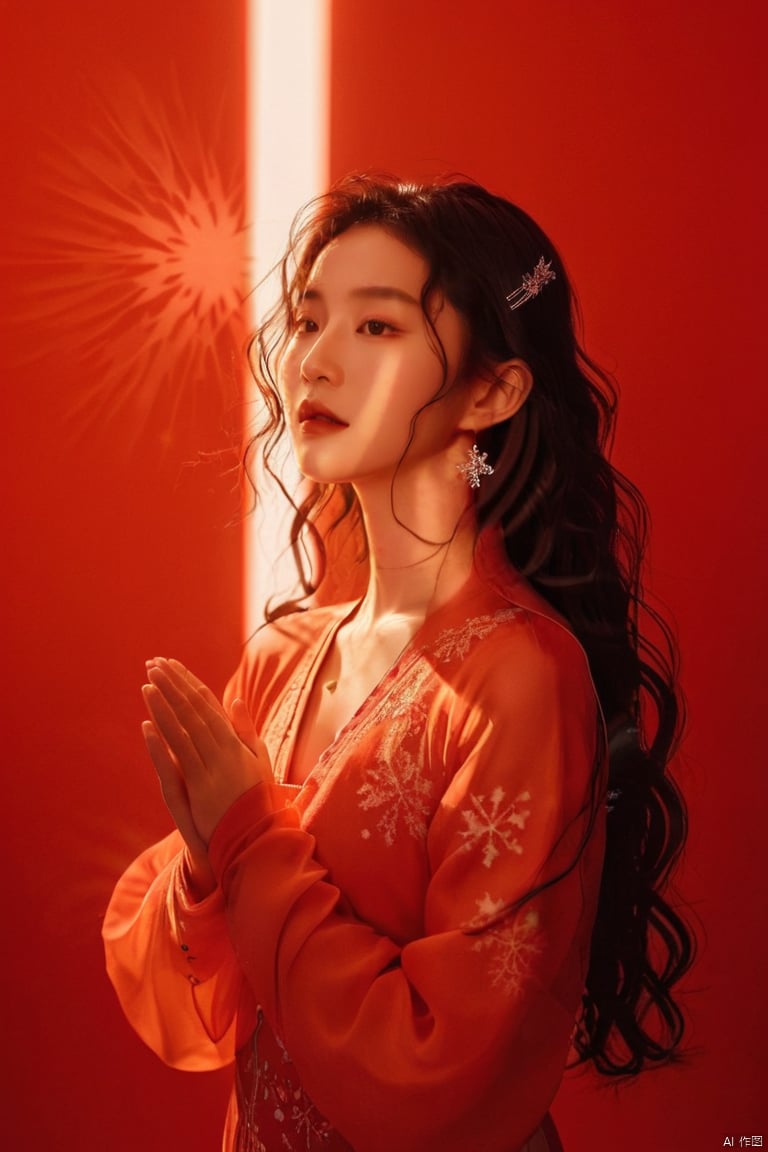  A young model in Chinese dress poses with her arms leisurely, in front of divine light with silhouette light illuminating the edges of the long curly hair, snowflake, solid color red background, Excellent skin texture, gaze deeply, cheerful atmosphere, in the style of eye-catching resin jewelry, Beauty product advertising, photo studio, matte photo, minimalist beauty, meticulous linework precision, feminine beauty,