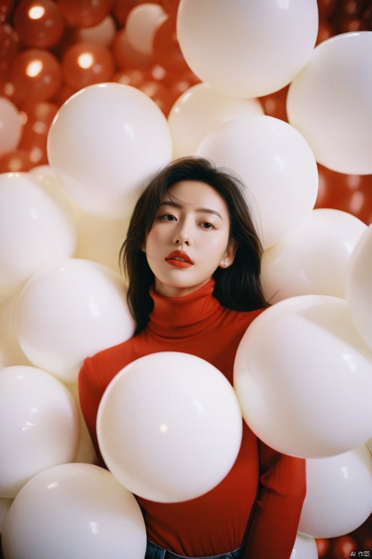  breathtaking cinematic film still,Cowboy_Shot,blouse,a cinematic fashion portrait photo of beautiful young woman from the 90s wearing a red turtleneck standing in the middle of a ton of white balloons,dramatic lighting,taken on a hasselblad medium format camera,looks like liuyifei,white balloon,shallow depth of field,vignette,highly detailed,high budget,bokeh,cinemascope,moody,epic,gorgeous,film grain,grainy . award-winning,professional,highly detailed,sc,monkren,, monkren