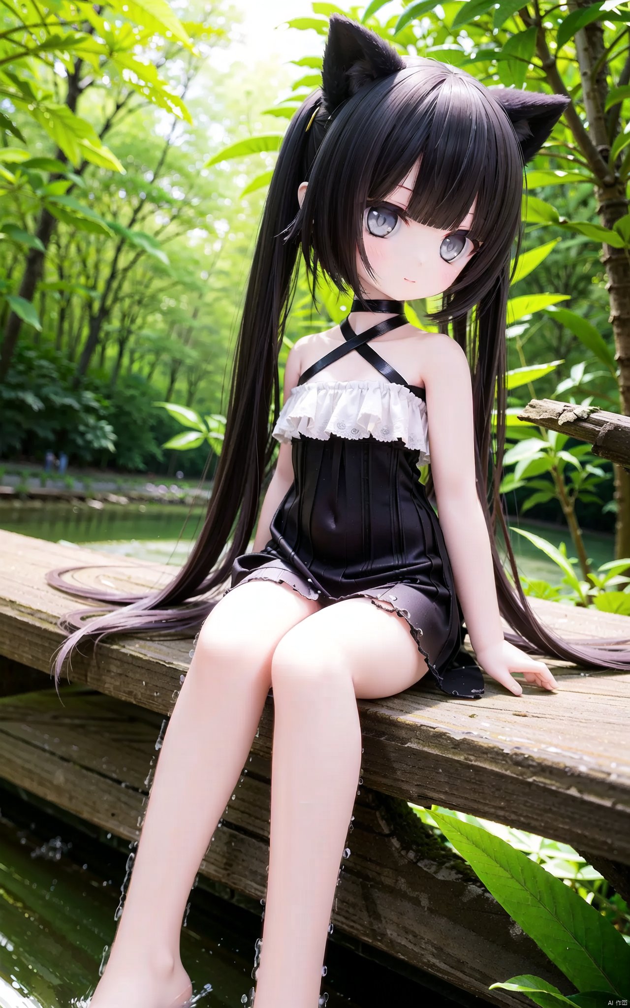 very long hair,cowboy shot,4349,1girl,animal_ears,solo,tail,dress,sitting,barefoot,black_hair,looking_at_viewer,black_dress,water,plant,outdoors,hair_bun,bare_shoulders,soaking_feet,bangs,long_hair,closed_mouth,grey_eyes,