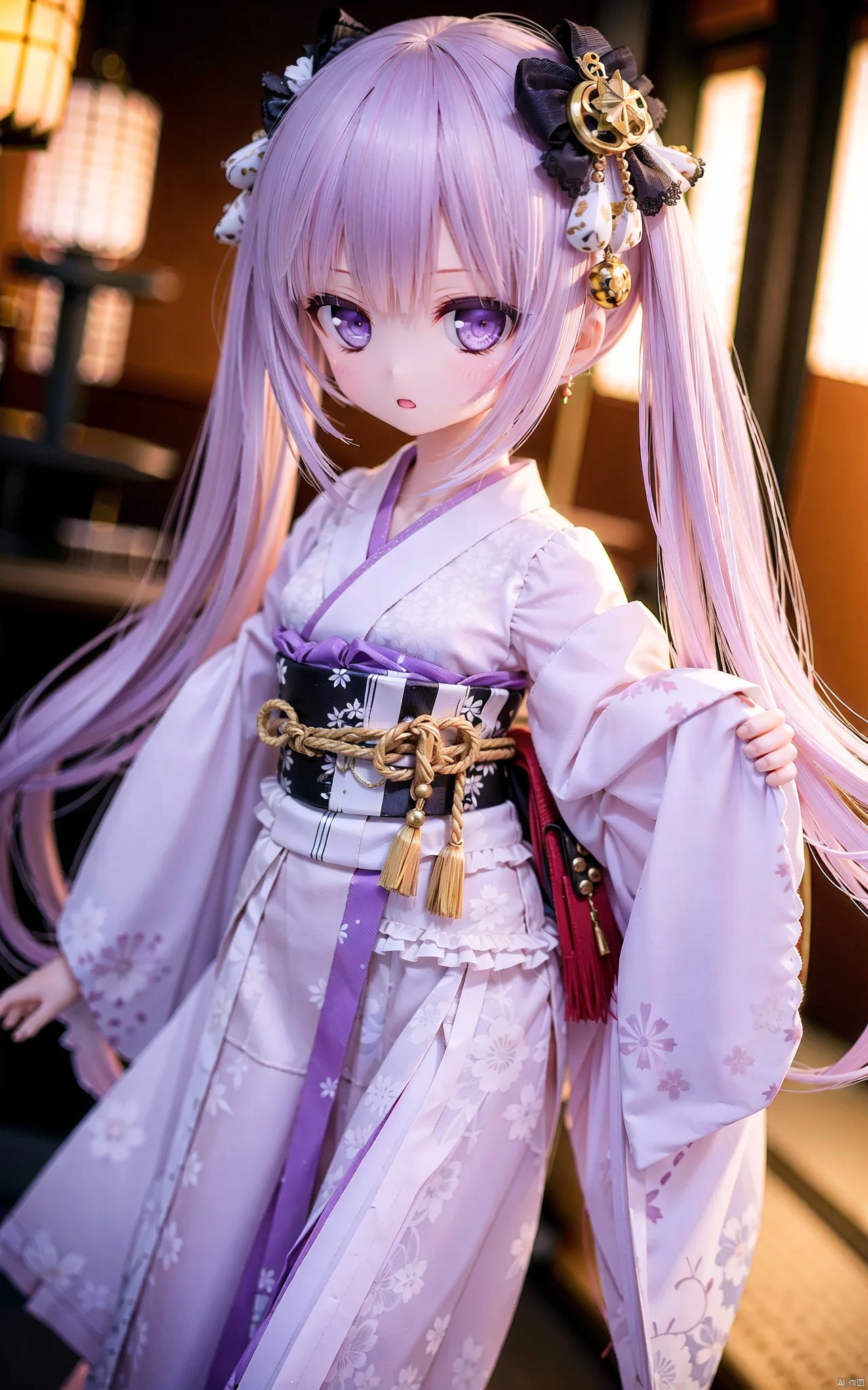 very long hair,cowboy shot,4349,,1girl,solo,kimono,japanese_clothes,looking_at_viewer,bow,bangs,holding,purple_eyes,hair_ornament,wind_chime,sash,obi,hair_bow,multicolored_hair,purple_hair,long_sleeves,twintails,wide_sleeves,long_hair,purple_bow,purple_kimono,ribbon,frills,