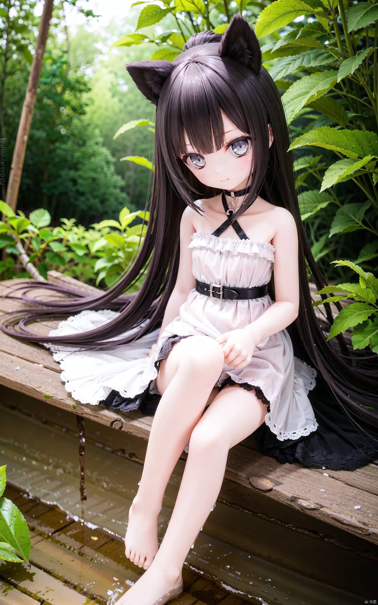 very long hair,cowboy shot,4349,1girl,animal_ears,solo,tail,dress,sitting,barefoot,black_hair,looking_at_viewer,black_dress,water,plant,outdoors,hair_bun,bare_shoulders,soaking_feet,bangs,long_hair,closed_mouth,grey_eyes,