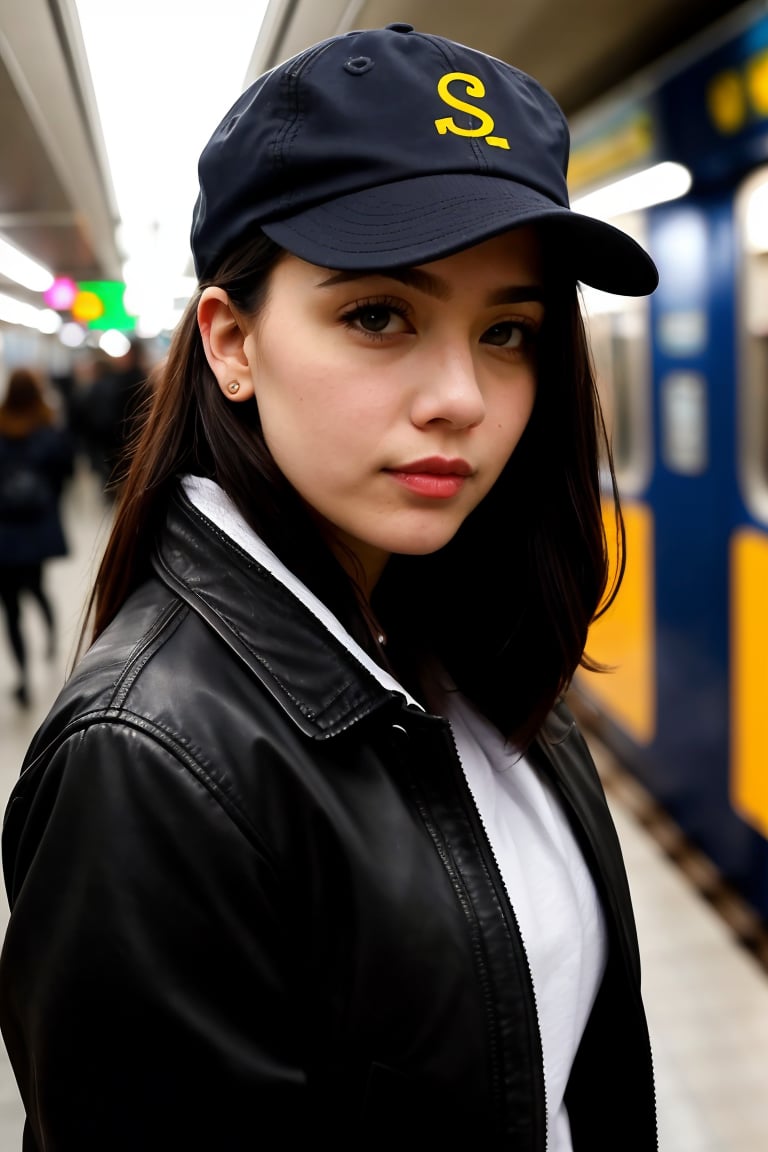 headshot of S306_MelodyMarks,a stylish woman,in a (subway:1.1),wearing a (cap:1.1),(jacket),(4k, RAW photo, best quality, depth of field, ultra high res:1.1),(absurdres, intricate, photorealistic, masterpiece, ultra-detailed:1.1),