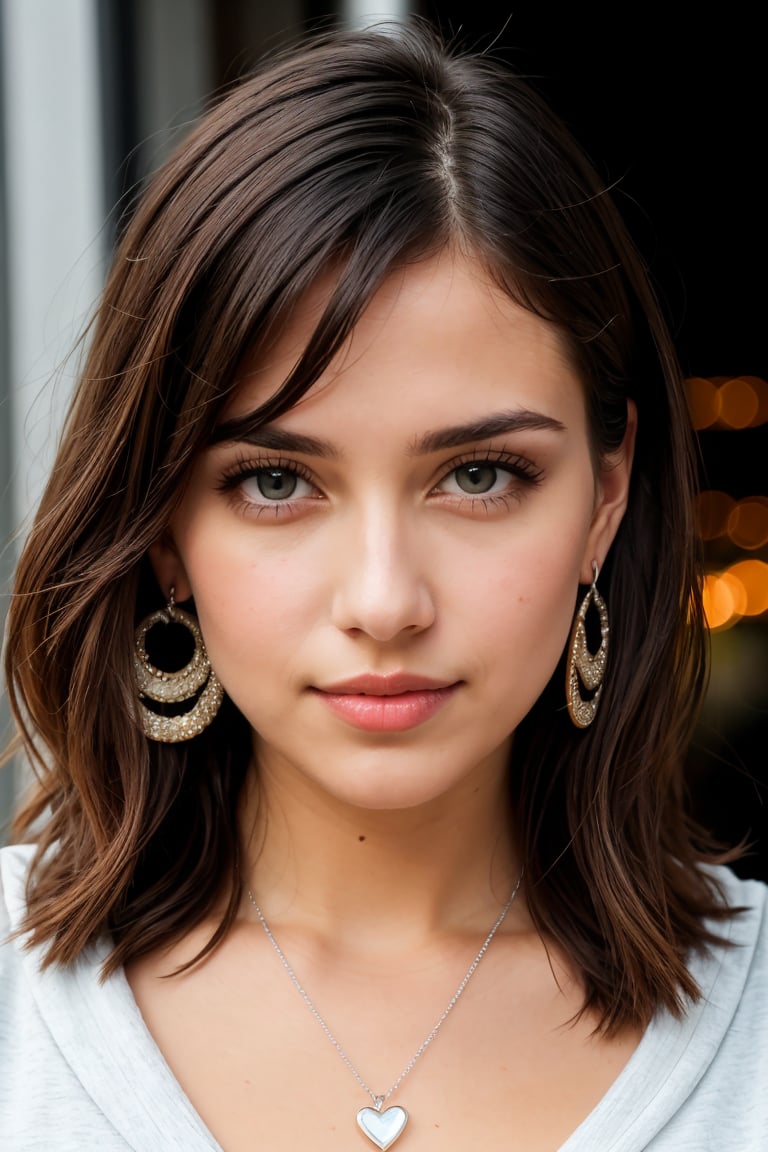 The photo is of a tall and feminine 30 year old woman facing the camera from the waist up. 
It is a clear and detailed UHD photo. The photo is captured with a DSLR Canon camera. It is a 4k photo. The woman has natural features, a heart-shaped face, a small button nose, and full lips. She has bright eyes, beautiful eyes. She has accurate anatomy. She is wearing bright clothes, trendy clothes. She is wearing a simple silver necklace and simple silver earrings. She has real skin texture and real hair texture. She has real skin details and real hair details. She has lifelike features, symmetrical eyes, real eyes. Warm side lighting. Natural lighting