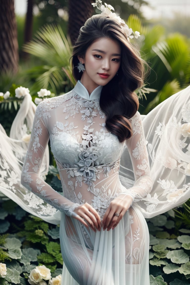 The image depicts a beauty vietnamese girl in white ao dai with her beauty lovely face smiling, standing outdoors amidst ethereal lighting. She is wearing a long, white ao dai with intricate designs on the sleeves.  She is standing in an outdoor setting that appears to be a garden or forest, with trees and rocks visible in the background. Ethereal beams of light filter through the trees, casting an otherworldly glow on the scene. There's a mystical or serene atmosphere created by the combination of natural elements and lighting.,Ao Dai,ao dai,dress,woman,Young beauty spirit ,Vietnamese