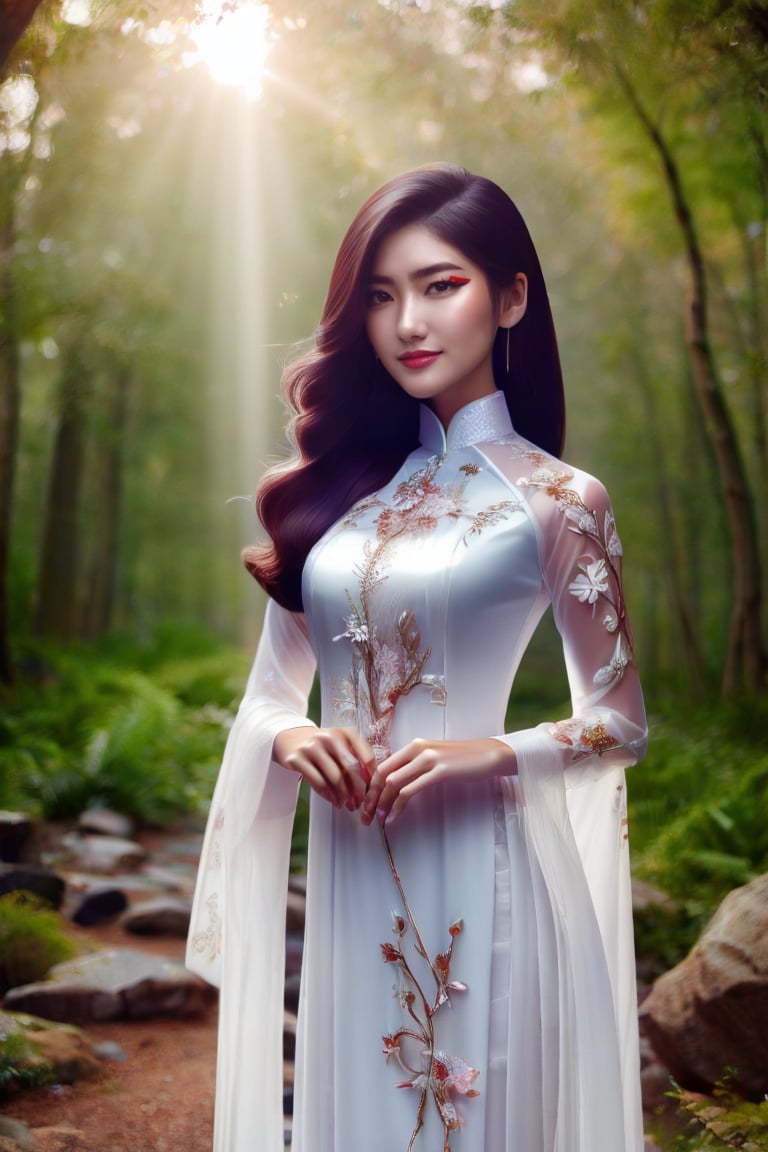 The image depicts a beauty vietnamese girl in white ao dai with her beauty lovely face smiling, standing outdoors amidst ethereal lighting. She is wearing a long, white ao dai with intricate designs on the sleeves.  She is standing in an outdoor setting that appears to be a garden or forest, with trees and rocks visible in the background. Ethereal beams of light filter through the trees, casting an otherworldly glow on the scene. There's a mystical or serene atmosphere created by the combination of natural elements and lighting.,Ao Dai,ao dai,dress,woman,Young beauty spirit ,Vietnamese,girl,vietnam,women