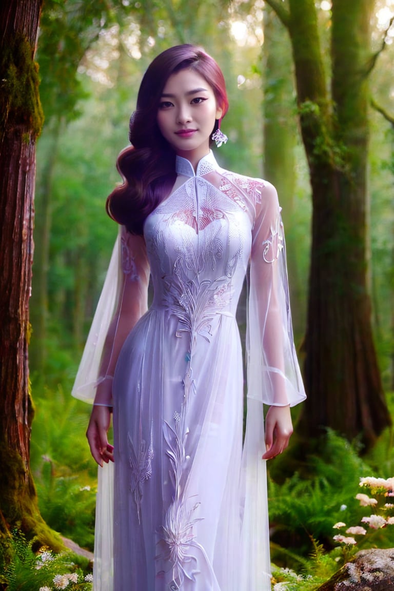 The image depicts a beauty vietnamese girl in white ao dai with her beauty lovely face smiling, standing outdoors amidst ethereal lighting. She is wearing a long, white ao dai with intricate designs on the sleeves.  She is standing in an outdoor setting that appears to be a garden or forest, with trees and rocks visible in the background. Ethereal beams of light filter through the trees, casting an otherworldly glow on the scene. There's a mystical or serene atmosphere created by the combination of natural elements and lighting.,Ao Dai,ao dai,dress,woman,Young beauty spirit ,Vietnamese,girl,vietnam,women