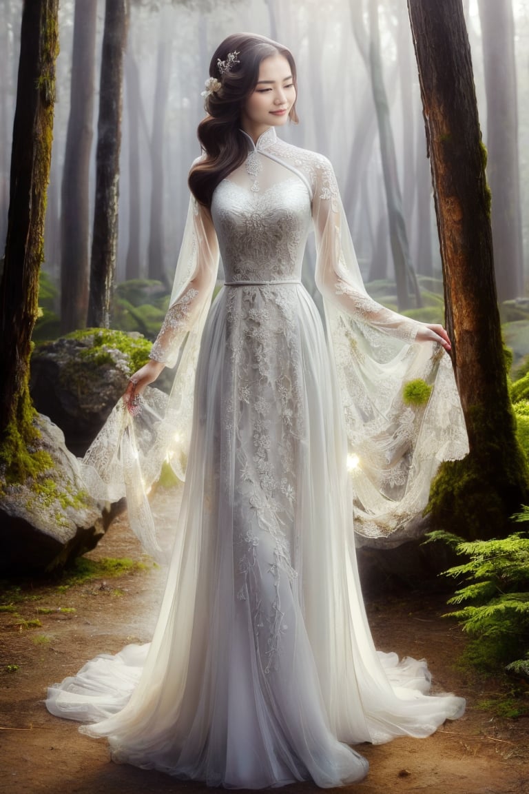 The image depicts a beauty vietnamese girl in white ao dai with her beauty lovely face smiling, standing outdoors amidst ethereal lighting. She is wearing a long, white ao dai with intricate designs on the sleeves.  She is standing in an outdoor setting that appears to be a garden or forest, with trees and rocks visible in the background. Ethereal beams of light filter through the trees, casting an otherworldly glow on the scene. There's a mystical or serene atmosphere created by the combination of natural elements and lighting.,Ao Dai,ao dai,dress,woman,Young beauty spirit ,Vietnamese,girl,vietnam
