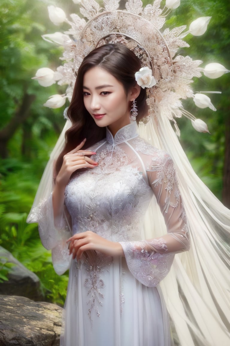 The image depicts a beauty vietnamese girl in white ao dai with her beauty lovely face smiling, standing outdoors amidst ethereal lighting. She is wearing a long, white ao dai with intricate designs on the sleeves.  She is standing in an outdoor setting that appears to be a garden or forest, with trees and rocks visible in the background. Ethereal beams of light filter through the trees, casting an otherworldly glow on the scene. There's a mystical or serene atmosphere created by the combination of natural elements and lighting.,Ao Dai,ao dai,dress,woman,Young beauty spirit ,Vietnamese,girl,vietnam