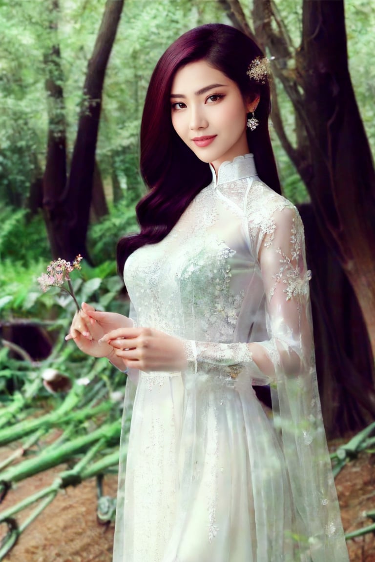 The image depicts a beauty vietnamese girl in white ao dai with her beauty lovely face smiling, standing outdoors amidst ethereal lighting. She is wearing a long, white ao dai with intricate designs on the sleeves.  She is standing in an outdoor setting that appears to be a garden or forest, with trees and rocks visible in the background. Ethereal beams of light filter through the trees, casting an otherworldly glow on the scene. There's a mystical or serene atmosphere created by the combination of natural elements and lighting.,Ao Dai,ao dai,dress,woman,Young beauty spirit ,Vietnamese,girl,vietnam,women,beauty