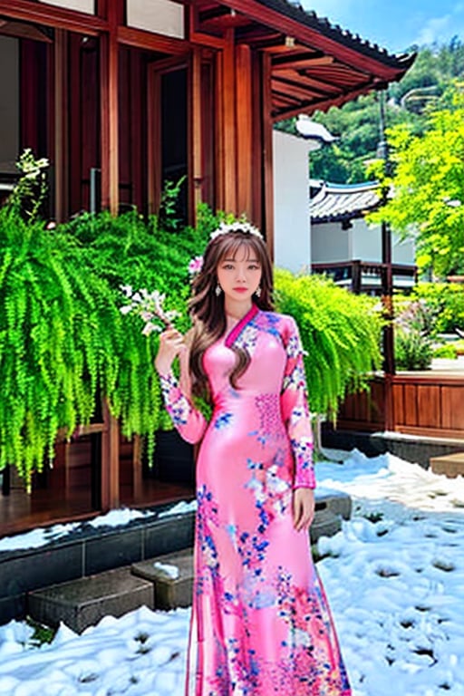 Vietnamese girl with a beautiful face, long hair, and blonde hair, wearing an ao dai dress, standing outdoors with a flower in her hair. She has brown eyes and is looking at the viewer. The image has a snowy background with traditional East Asian architecture in the distance.,long blonde hair,vietnamese,Vietnam