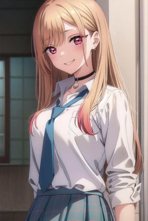 marinkitagawa, <lora:marinkitagawas1-lora-nochekaiser:1>, marin kitagawa, long hair, bangs, blonde hair, (red eyes:1.5), multicolored hair, smile, grin,BREAK skirt, shirt, jewelry, school uniform, white shirt, pleated skirt, earrings, necktie, choker, bracelet, blue skirt, plaid, black choker, plaid skirt,BREAK indoors, classroom,BREAK looking at viewer, (cowboy shot:1.5),BREAK <lyco:GoodHands-beta2:1>, (masterpiece:1.2), best quality, high resolution, unity 8k wallpaper, (illustration:0.8), (beautiful detailed eyes:1.6), extremely detailed face, perfect lighting, extremely detailed CG, (perfect hands, perfect anatomy),