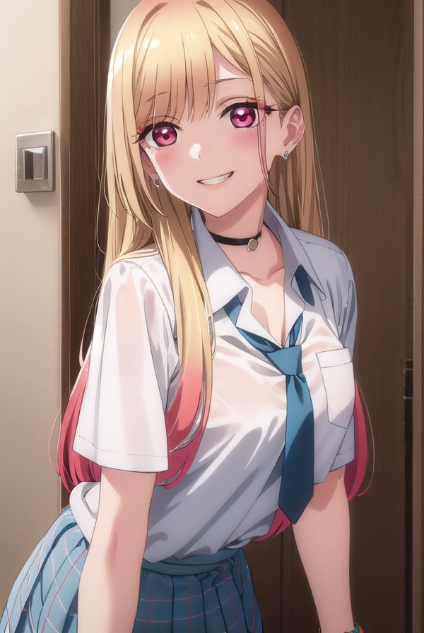 marinkitagawa, <lora:marinkitagawas1-lora-nochekaiser:1>, marin kitagawa, long hair, bangs, blonde hair, (red eyes:1.5), multicolored hair, smile, grin,BREAK skirt, shirt, jewelry, school uniform, white shirt, pleated skirt, earrings, necktie, choker, bracelet, blue skirt, plaid, black choker, plaid skirt,BREAK indoors, classroom,BREAK looking at viewer, (cowboy shot:1.5),BREAK <lyco:GoodHands-beta2:1>, (masterpiece:1.2), best quality, high resolution, unity 8k wallpaper, (illustration:0.8), (beautiful detailed eyes:1.6), extremely detailed face, perfect lighting, extremely detailed CG, (perfect hands, perfect anatomy),