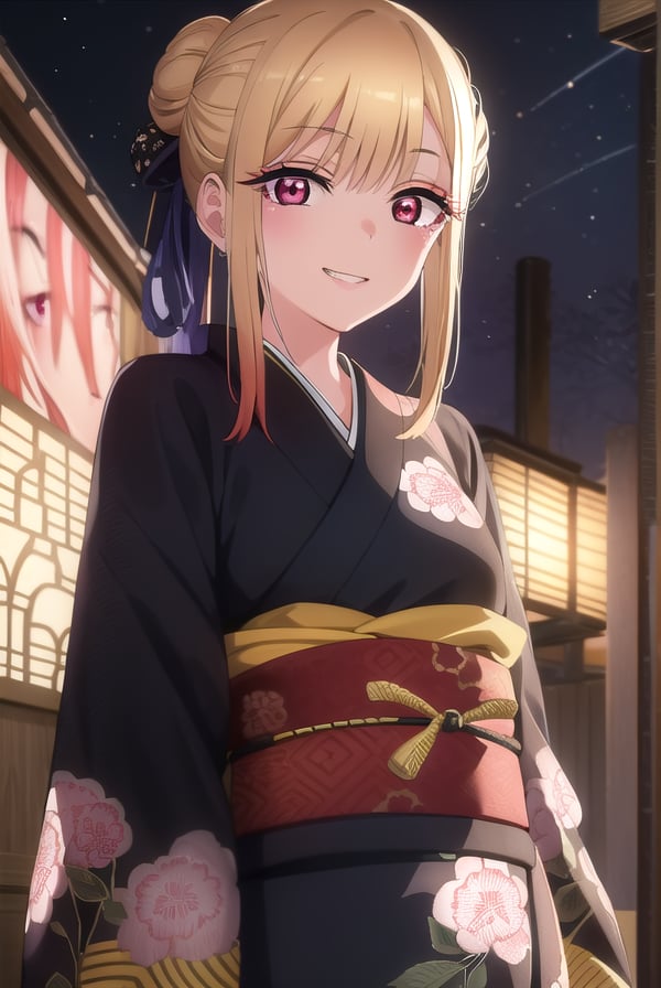 marinkitagawa, <lora:marinkitagawas1-lora-nochekaiser:1>, marin kitagawa, long hair, bangs, blonde hair, (red eyes:1.5), multicolored hair, smile, grin,BREAK japanese clothes, kimono, bag, sash, obi, floral print, yukata, (black kimono:1.5), hair bun, single hair bun,BREAK outdoors, shrine, night, festival, fireworks,BREAK looking at viewer, (cowboy shot:1.5),BREAK <lyco:GoodHands-beta2:1>, (masterpiece:1.2), best quality, high resolution, unity 8k wallpaper, (illustration:0.8), (beautiful detailed eyes:1.6), extremely detailed face, perfect lighting, extremely detailed CG, (perfect hands, perfect anatomy),