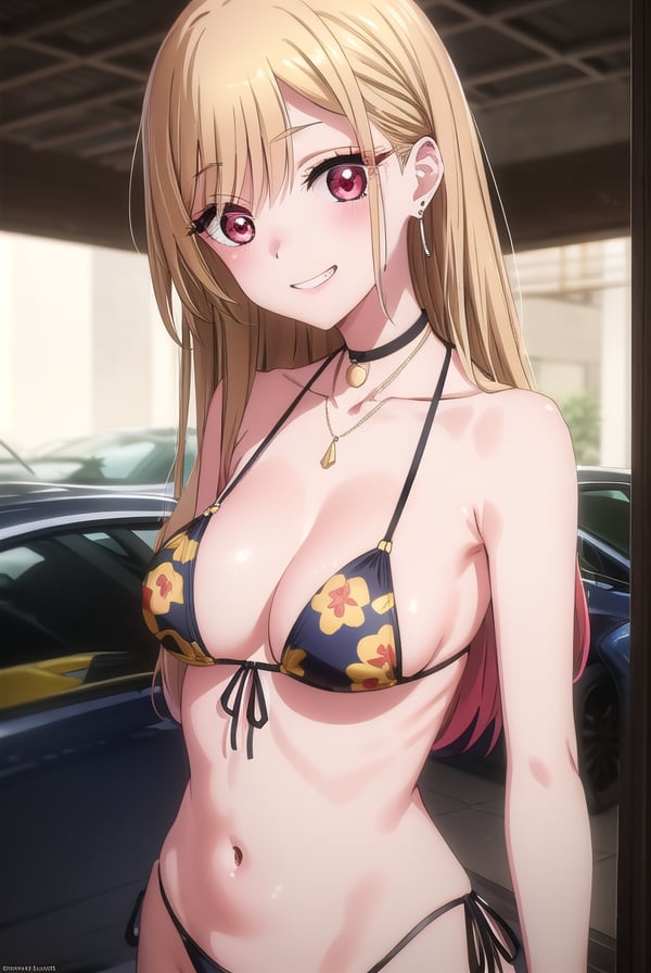 marinkitagawa, <lora:marinkitagawas1-lora-nochekaiser:1>, marin kitagawa, long hair, bangs, blonde hair, (red eyes:1.5), multicolored hair, smile, grin,BREAK navel, cleavage, jewelry, swimsuit, bikini, earrings, choker, necklace, black bikini, side-tie bikini bottom, halterneck, black choker, piercing, floral print, ear piercing, string bikini, print bikini, multi-strapped bikini, barbell piercing, industrial piercing,BREAK outdoors, beach,BREAK looking at viewer, (cowboy shot:1.5),BREAK <lyco:GoodHands-beta2:1>, (masterpiece:1.2), best quality, high resolution, unity 8k wallpaper, (illustration:0.8), (beautiful detailed eyes:1.6), extremely detailed face, perfect lighting, extremely detailed CG, (perfect hands, perfect anatomy),