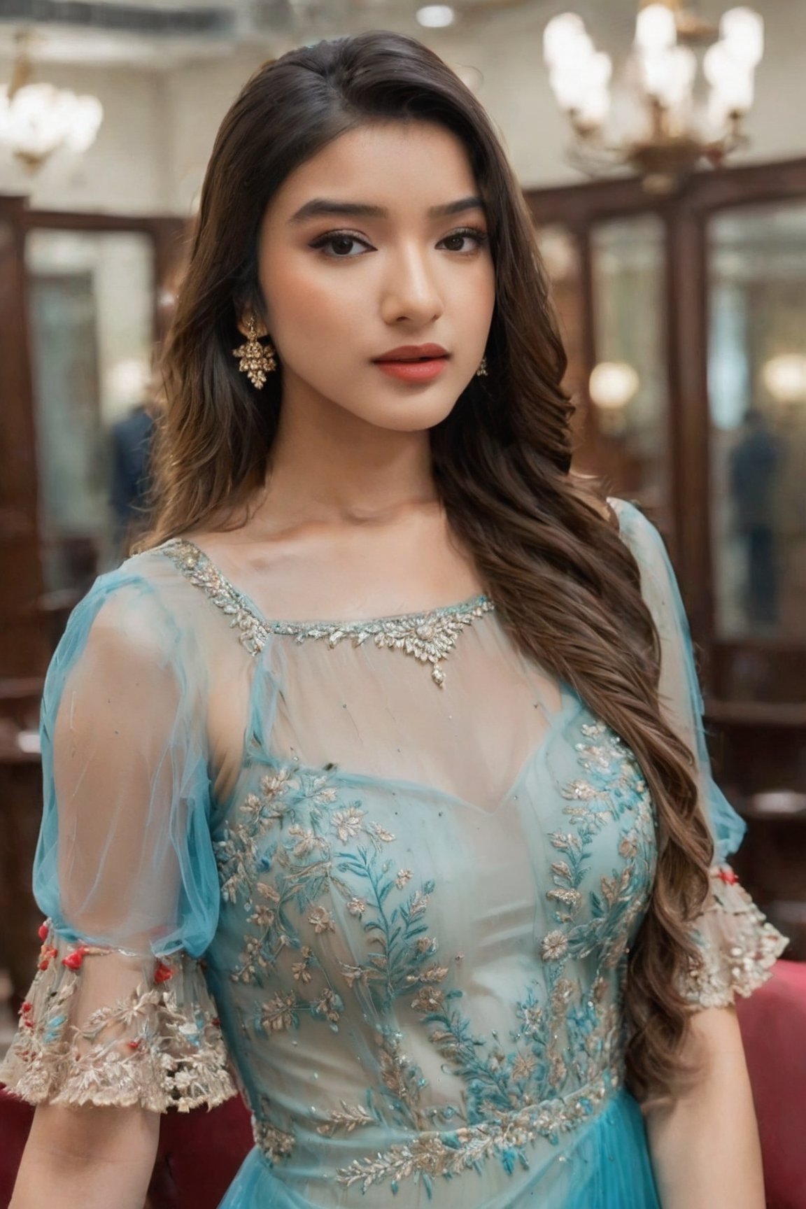 (full body shot:1.5), (Masterpiece:1.1), (Indian babe:1.5), (inspired by Amy Jackson), Amy Jackson wearing a flared frock, she is in standing position, 1girl, solo girl, 18 year old girl, ultra realistic face, hyperrealistic, hyperdetailed, (looking at viewers), sharpen, detailed face, detailed eyes, detailed lips, red lips, beautiful face, 16k, FHD, raw photo, cute face mesh, pretty face mesh, girl in luxury office, beautiful hair style, ((elegant flared frocks with sleeves, asymmetrical frocks, embroidery flared frock, flared dress, princess looking, princess outfit, see-through outfits)), intricate, extremely detailed, (long areola, close cleavage), ultra realistic texture, smooth skin, realistic face, glow lip, glow face, very_high_resolution, perfect figure, beautiful curved body, fit body, (elegant high heel), (club hair ornament, hair ornament).,tiar4