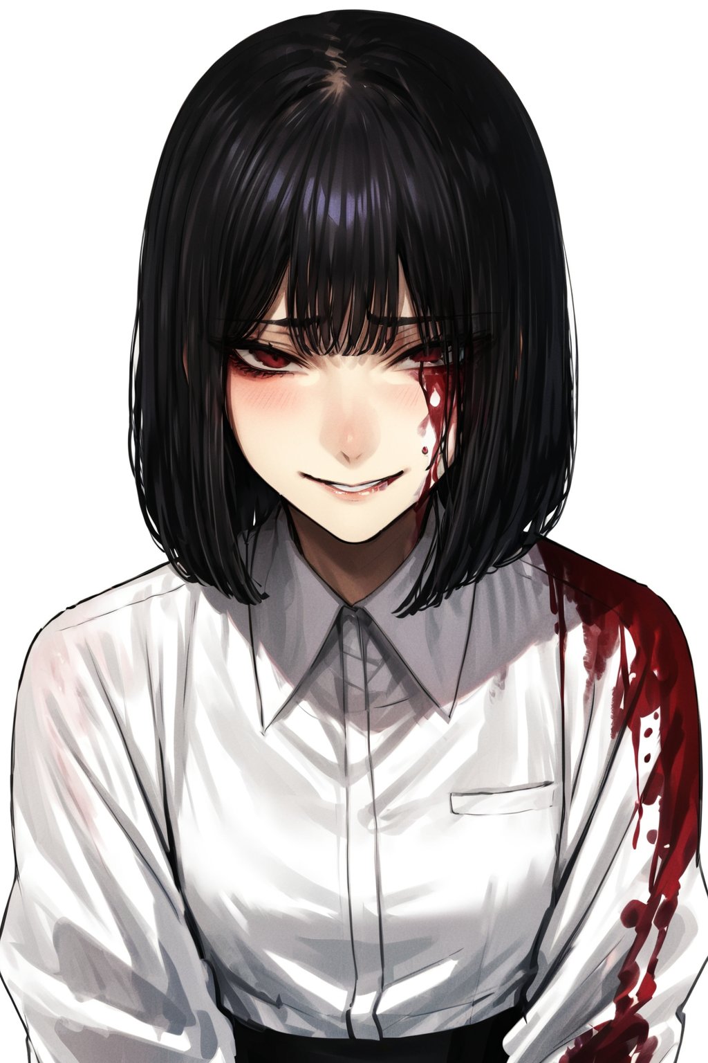 masterpiece, best quality, highres,(upper body), (1girl), (solo), (flat, red eyes, black bob-cut hair, bangs, dead_eyes, dark circle), ((white shirts, black slacks)), looking_at_viewer, ((white background)),HSOL,LimbusCompany_Ryoshu, sneer, smirk, blush, bloody stream, blood on face,