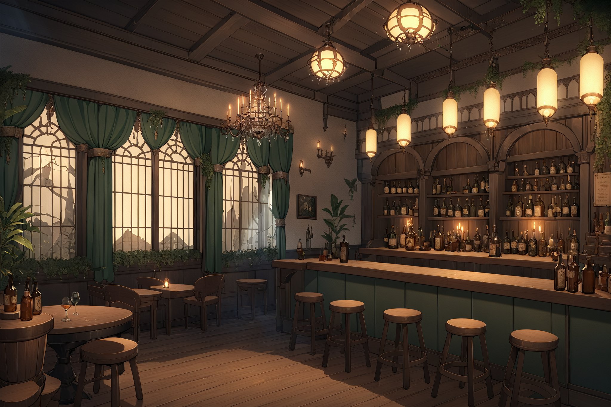 {{{masterpiece}}},  {{the best quality,  super fine illustration, volumetric,  ff14bg,  indoors,  no humans,  window,  tavern,  chair,  table,  night,  candlelight,  bottle,  plant,  curtains,  scenery,  lamp,  stool,  chandelier,  soothing tones,  moody lighting,  fine lighting,  high-quality,  8K CG wallpaper,  luminous particles,<lora:EMS-24184-EMS:0.300000>,<lora:EMS-61413-EMS:0.200000>,<lora:EMS-281248-EMS:0.600000>