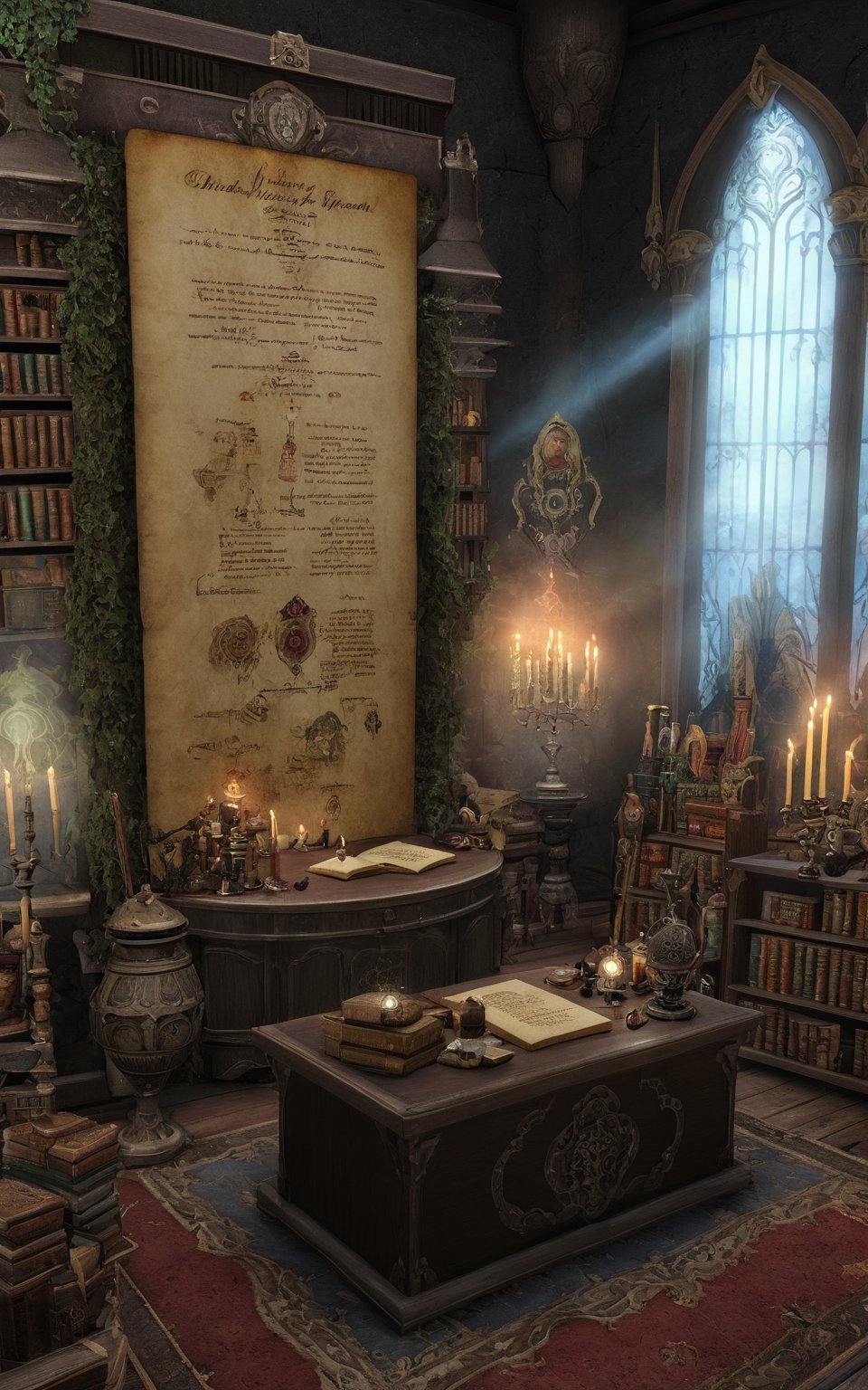 masterpiece,  best quality,  ff14bg 8k cg unity wallpaper,  indoors,  inside a study room, Gothic architecture,  Cluttered with relics and magic items,  Potions,  Spell books,  Epic cinematic brilliant stunning intricate meticulously detailed dramatic atmospheric maximalist digital matte painting,  realistic,  complementary colors,  highly detailed,  intricate details,<lora:EMS-31887-EMS:0.500000>,<lora:EMS-53872-EMS:0.400000>,<lora:EMS-61413-EMS:0.700000>,<lora:EMS-281248-EMS:0.800000>