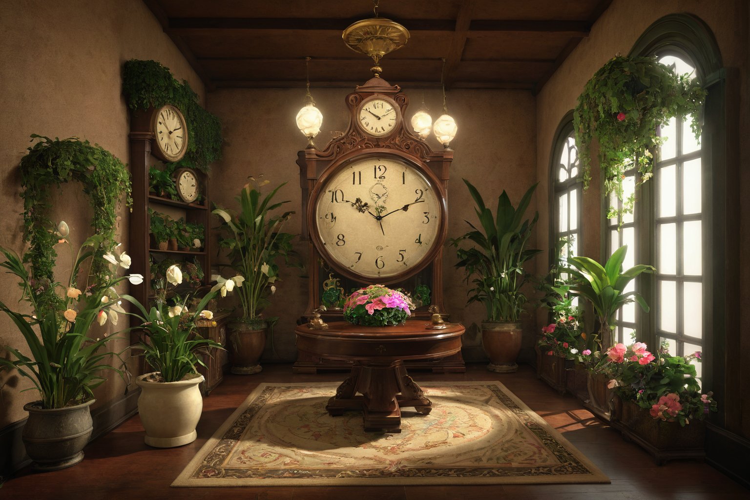 (Masterpiece,  Best Quality),  insaneres,  (8k resolution),  ff14bg,  fantasy,  flower,  indoors,  no humans,  chair,  table,  plant,  scenery,  fantasy,  clock,  potted plant,  loaded interior (extremely detailed),  volumetric lighting,  soft lighting,  bloom,  day,  (depth of field:1.1),<lora:EMS-281155-EMS:0.400000>,<lora:EMS-61413-EMS:0.300000>