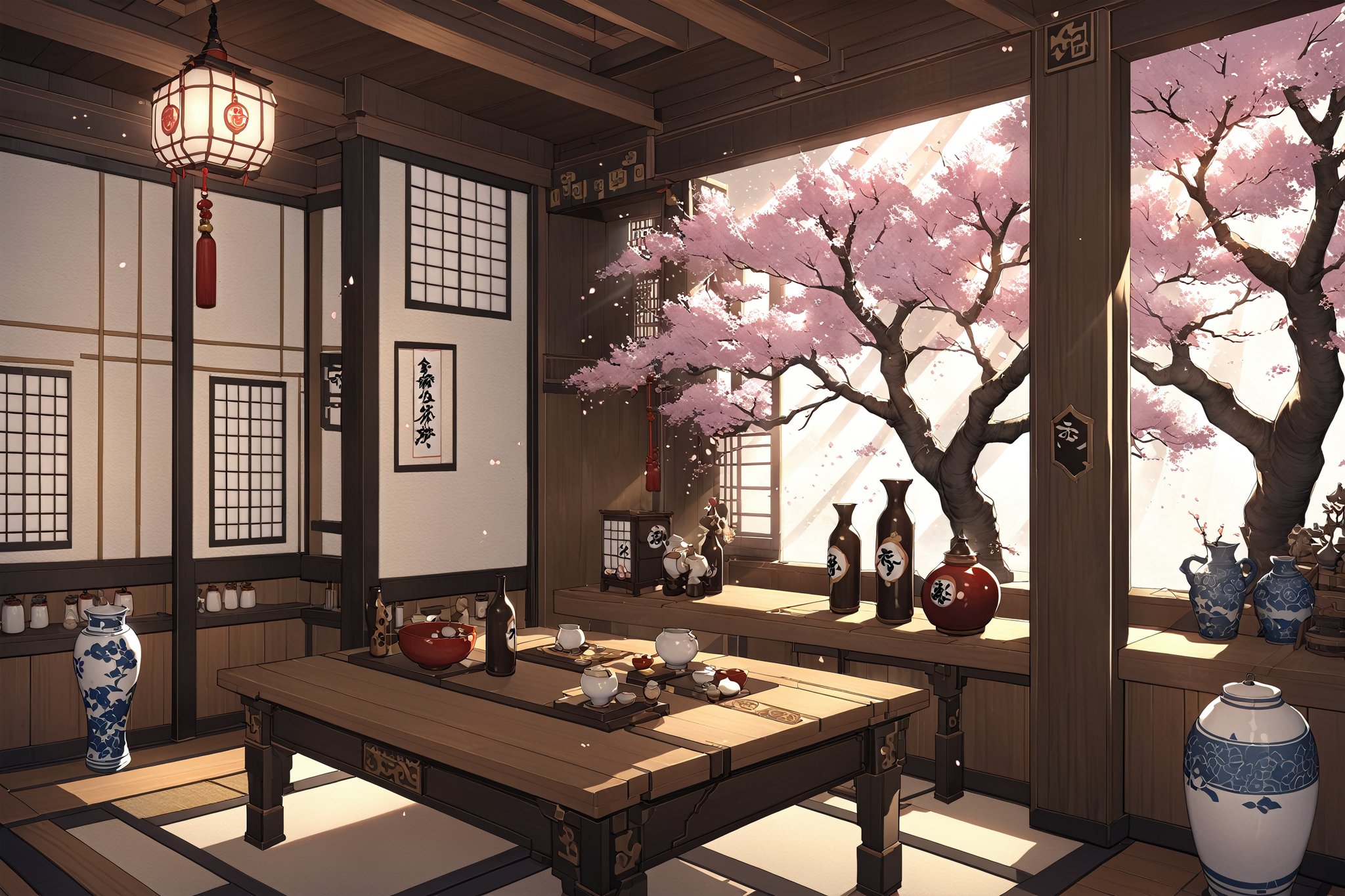 {{{masterpiece}}},  {{the best quality,  super fine illustration,  ff14bg,  indoors,  tree,  cup,  no humans,  window,  table,  sunlight,  bottle,  soft lighting,  bloom,  cherry blossoms,  scenery,  lantern,  lamp,  architecture,  east asian architecture,  vase,  volumetric,  fine lighting,  transparent stars,  high-quality,  8K CG wallpaper,  luminous particles,<lora:EMS-61413-EMS:0.200000>,<lora:EMS-281248-EMS:0.600000>,<lora:EMS-24184-EMS:0.300000>