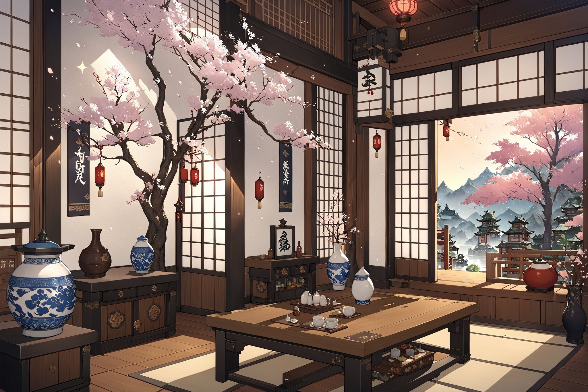 {{{masterpiece}}},  {{the best quality,  super fine illustration,  ff14bg,  indoors,  tree,  cup,  no humans,  window,  table,  sunlight,  bottle,  cherry blossoms,  scenery,  lantern,  lamp,  architecture,  east asian architecture,  vase,  volumetric,  fine lighting,  transparent stars,  high-quality,  8K CG wallpaper,  luminous particles,<lora:EMS-61413-EMS:0.200000>,<lora:EMS-281248-EMS:0.600000>,<lora:EMS-24184-EMS:0.300000>