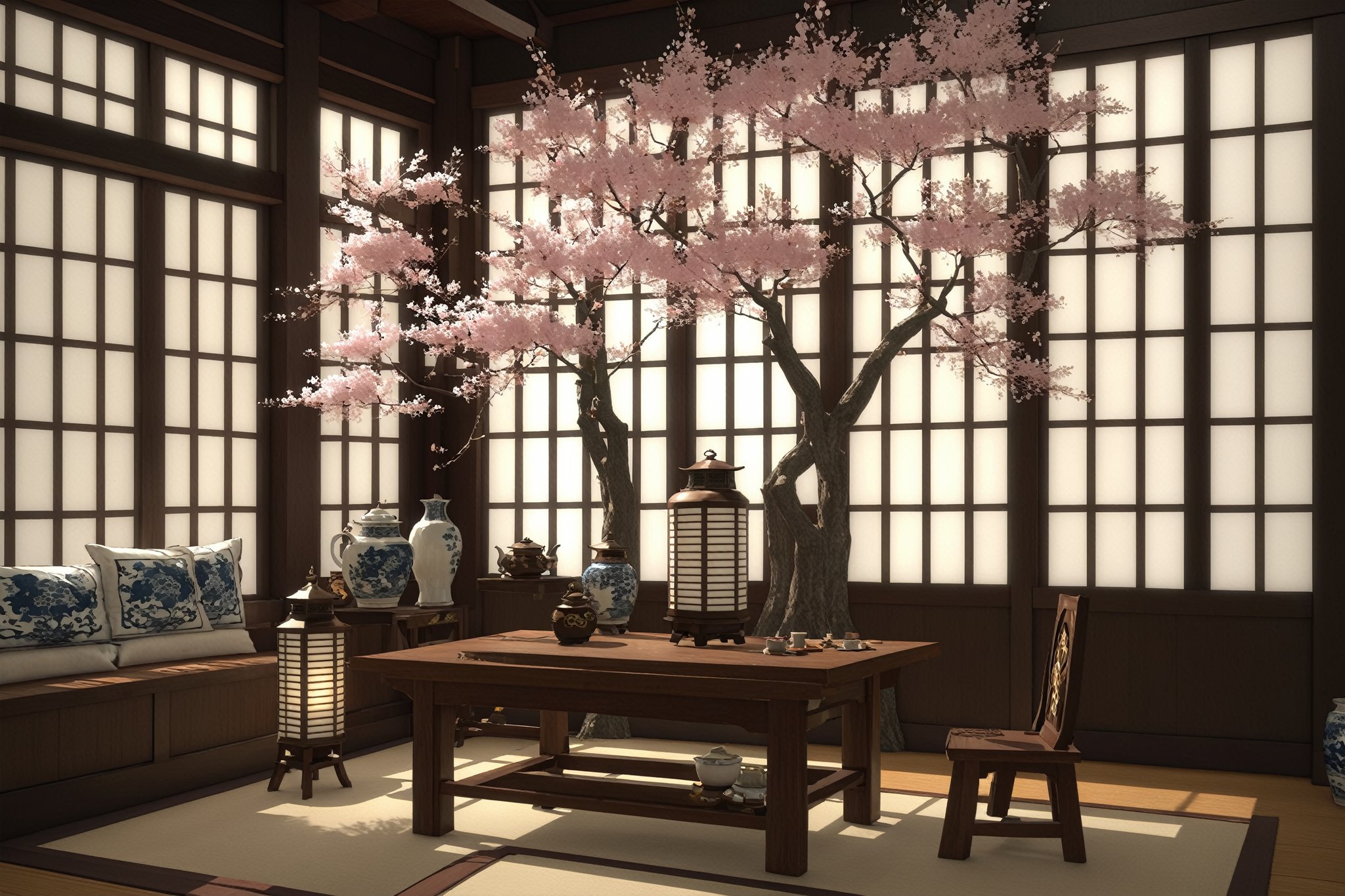 {{{masterpiece}}},  {{the best quality,  super fine illustration,  ff14bg,  indoors,  tree,  cup,  no humans,  window,  table,  sunlight,  bottle,  cherry blossoms,  scenery,  lantern,  lamp,  architecture,  east asian architecture,  vase,  volumetric,  fine lighting,  transparent stars,  high-quality,  8K CG wallpaper,  luminous particles,<lora:EMS-61413-EMS:0.200000>,<lora:EMS-281248-EMS:0.600000>,<lora:EMS-24184-EMS:0.300000>