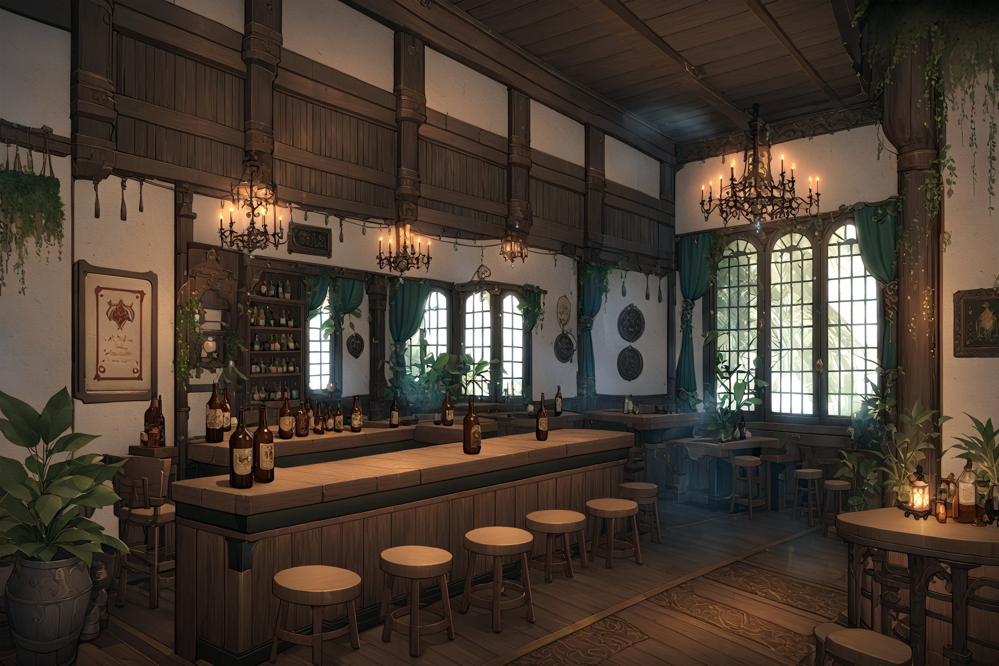 {{{masterpiece}}},  {{the best quality,  super fine illustration, volumetric,  ff14bg,  indoors,  no humans,  window,  tavern,  chair,  table,  night,  candlelight,  bottle,  plant,  curtains,  scenery,  lamp,  stool,  chandelier,  soothing tones,  moody lighting,  fine lighting,  high-quality,  8K CG wallpaper,  luminous particles,<lora:EMS-61413-EMS:0.200000>,<lora:EMS-281248-EMS:0.800000>,<lora:EMS-24184-EMS:0.300000>