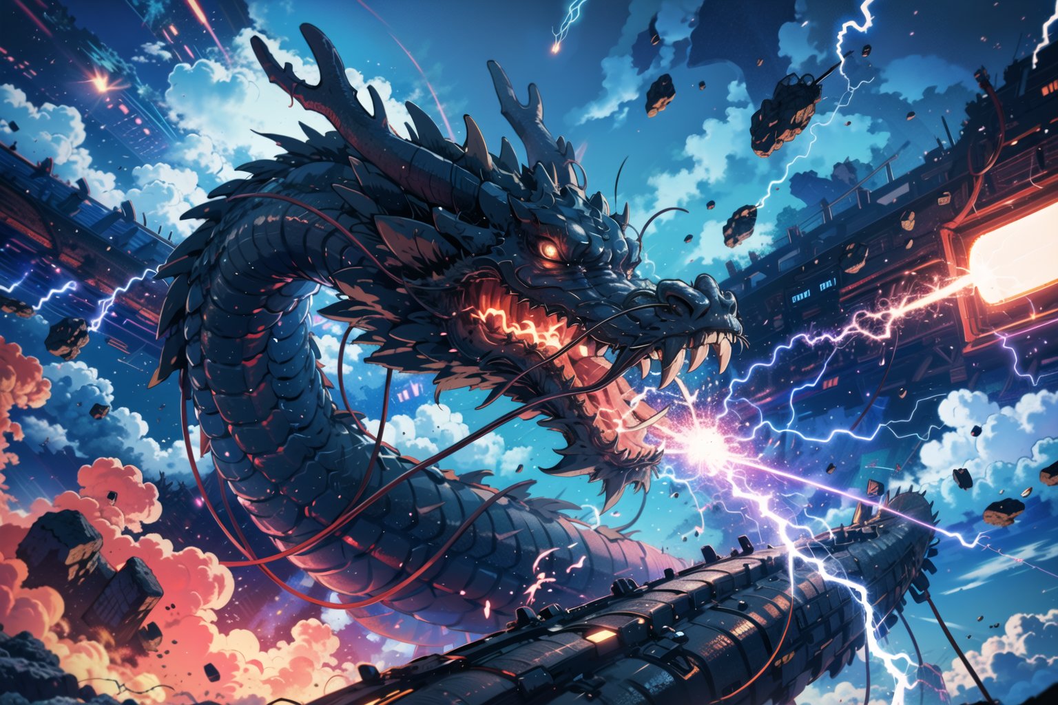 eastern dragon, energy cannon, sky, electricity, glowing, cloud, lightning, science fiction