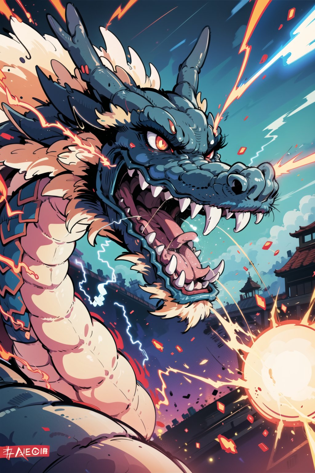 eastern dragon, glowing, energy cannon, lightning, tongue, glowing eyes, open mouth, electricity, teeth, sharp teeth, fangs, red eyes, tongue out