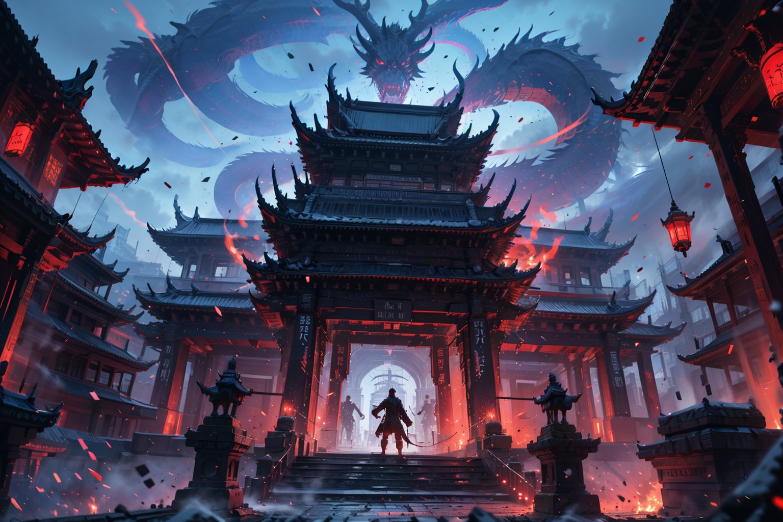 , monster, glowing, glowing eyes, 1other, outdoors, sky, weapon, standing, horns, architecture, 1boy, scenery, statue, from behind, sword, giant, stairs, east asian architecture, holding, building