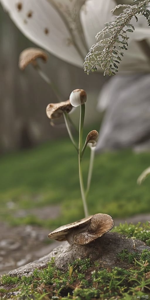 flower, outdoors, blurry, no humans, depth of field, blurry background, grass, plant, scenery, mushroom