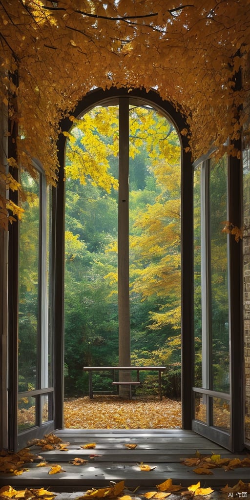 outdoors, day, blurry, tree, no humans, window, leaf, building, scenery, bench, autumn leaves, autumn, calendar \(medium\)